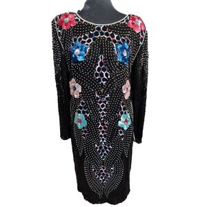 Vtg Rupi Black Sequin Floral Silk Dress M Cocktail Event Glam Evening India